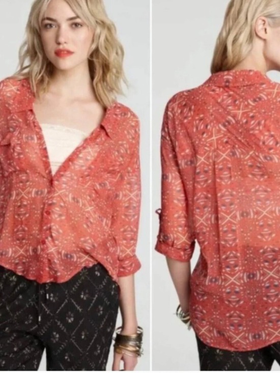 Free People Tops - Free People Casual Red Printed Boho Button-up Blouse Top in Size Medium Preloved